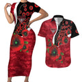 Essendon Bombers ANZAC Personalised Couples Matching Short Sleeve Bodycon Dress and Hawaiian Shirt Lest We Forget Poppy Camo