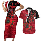 Essendon Bombers ANZAC Personalised Couples Matching Short Sleeve Bodycon Dress and Hawaiian Shirt Lest We Forget Poppy Camo