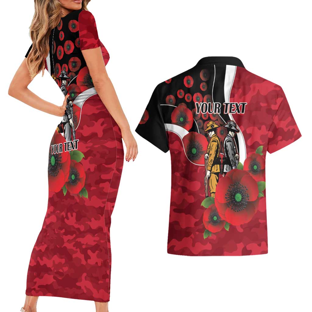 Essendon Bombers ANZAC Personalised Couples Matching Short Sleeve Bodycon Dress and Hawaiian Shirt Lest We Forget Poppy Camo