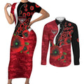 Essendon Bombers ANZAC Personalised Couples Matching Short Sleeve Bodycon Dress and Long Sleeve Button Shirt Lest We Forget Poppy Camo