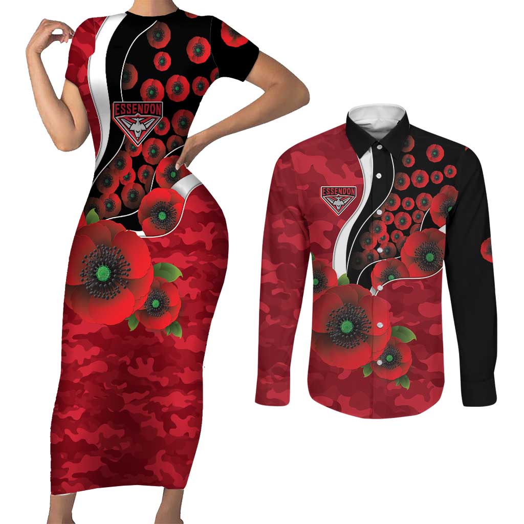 Essendon Bombers ANZAC Personalised Couples Matching Short Sleeve Bodycon Dress and Long Sleeve Button Shirt Lest We Forget Poppy Camo