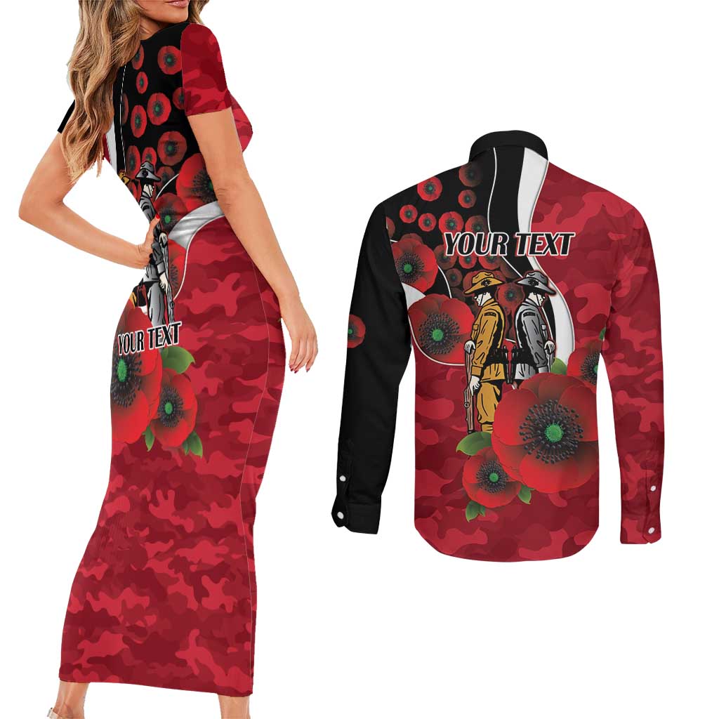 Essendon Bombers ANZAC Personalised Couples Matching Short Sleeve Bodycon Dress and Long Sleeve Button Shirt Lest We Forget Poppy Camo