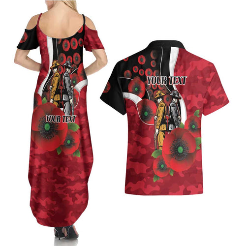 Essendon Bombers ANZAC Personalised Couples Matching Summer Maxi Dress and Hawaiian Shirt Lest We Forget Poppy Camo
