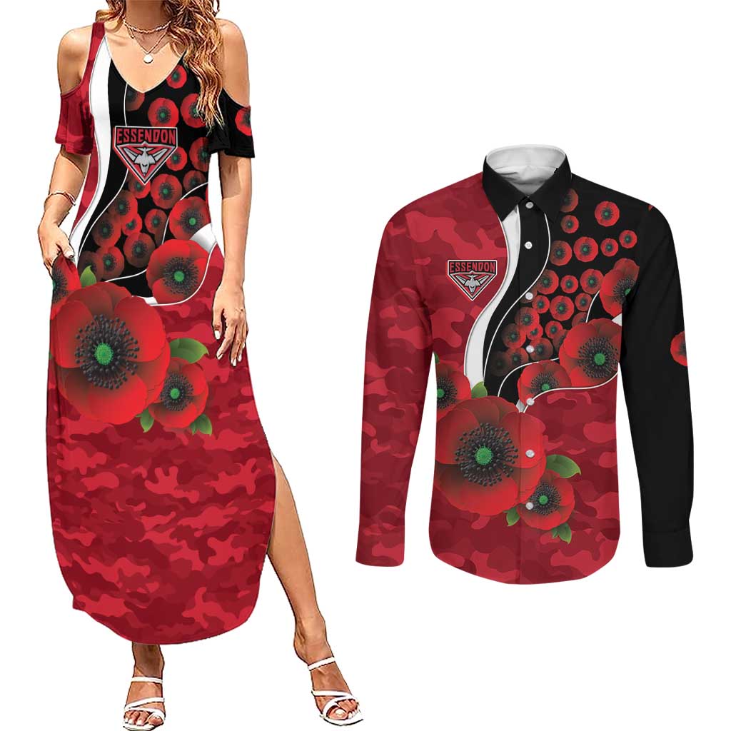 Essendon Bombers ANZAC Personalised Couples Matching Summer Maxi Dress and Long Sleeve Button Shirt Lest We Forget Poppy Camo