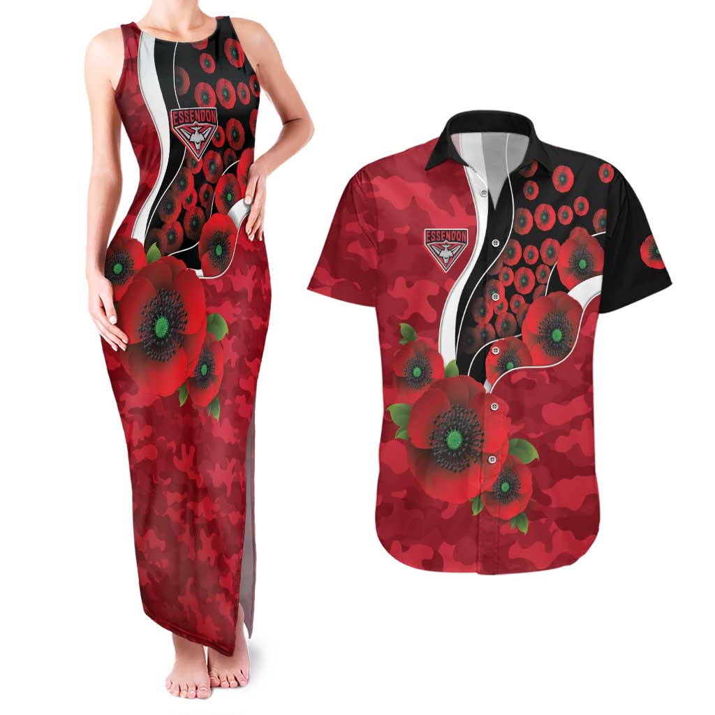 Essendon Bombers ANZAC Personalised Couples Matching Tank Maxi Dress and Hawaiian Shirt Lest We Forget Poppy Camo