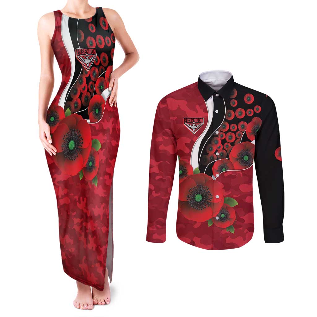 Essendon Bombers ANZAC Personalised Couples Matching Tank Maxi Dress and Long Sleeve Button Shirt Lest We Forget Poppy Camo