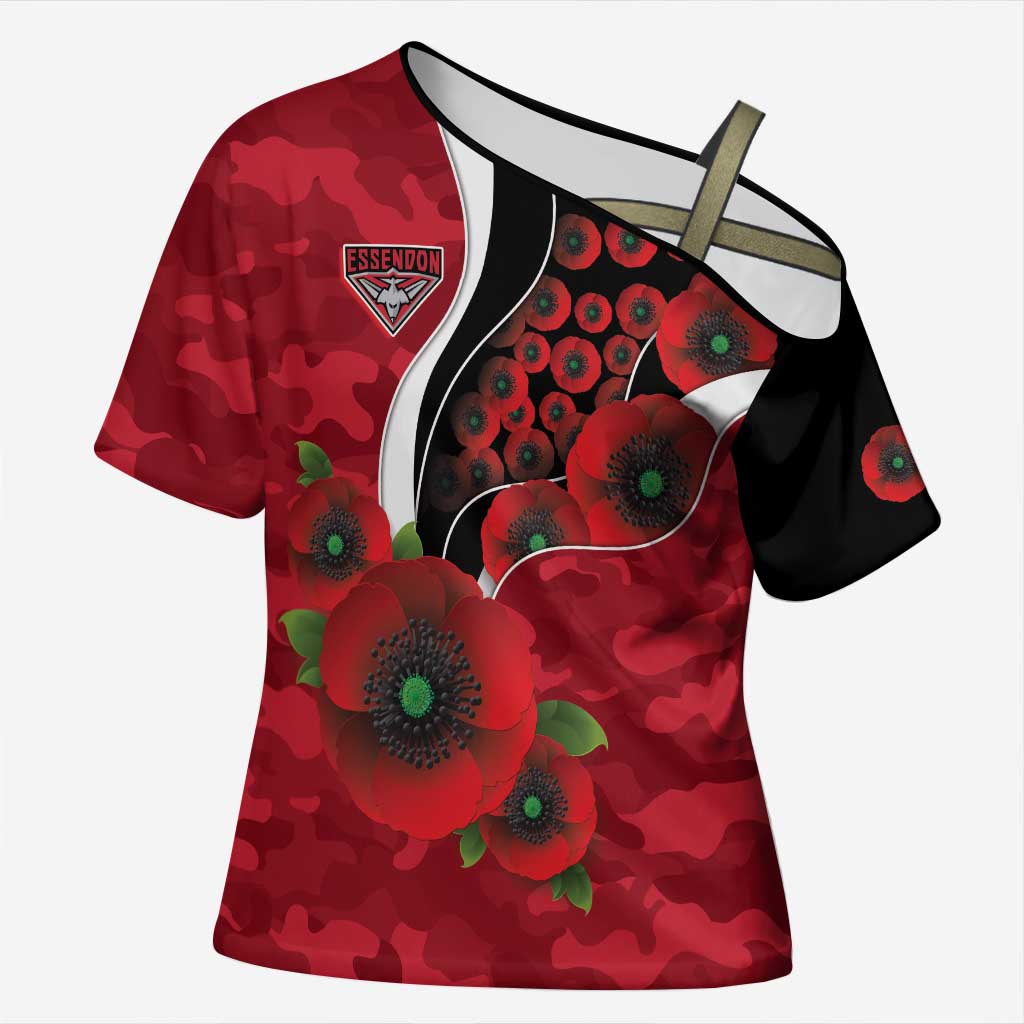 Essendon Bombers ANZAC Personalised Cross Shoulder Shirt Lest We Forget Poppy Camo