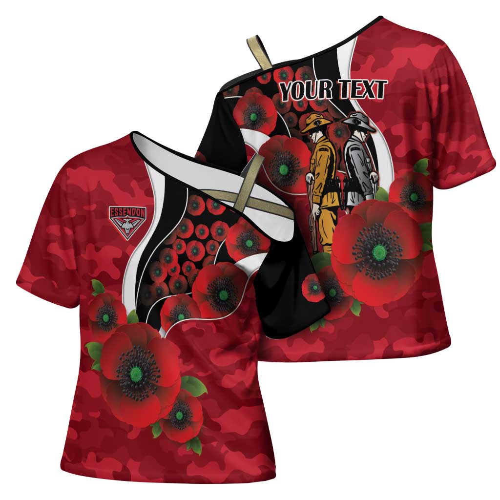 Essendon Bombers ANZAC Personalised Cross Shoulder Shirt Lest We Forget Poppy Camo