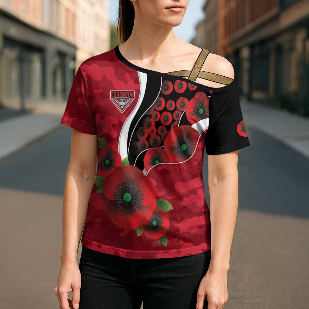 Essendon Bombers ANZAC Personalised Cross Shoulder Shirt Lest We Forget Poppy Camo