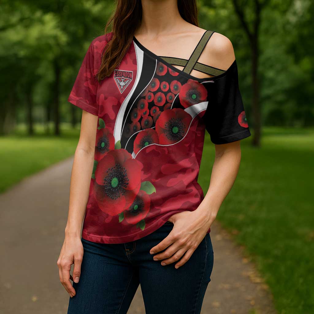 Essendon Bombers ANZAC Personalised Cross Shoulder Shirt Lest We Forget Poppy Camo