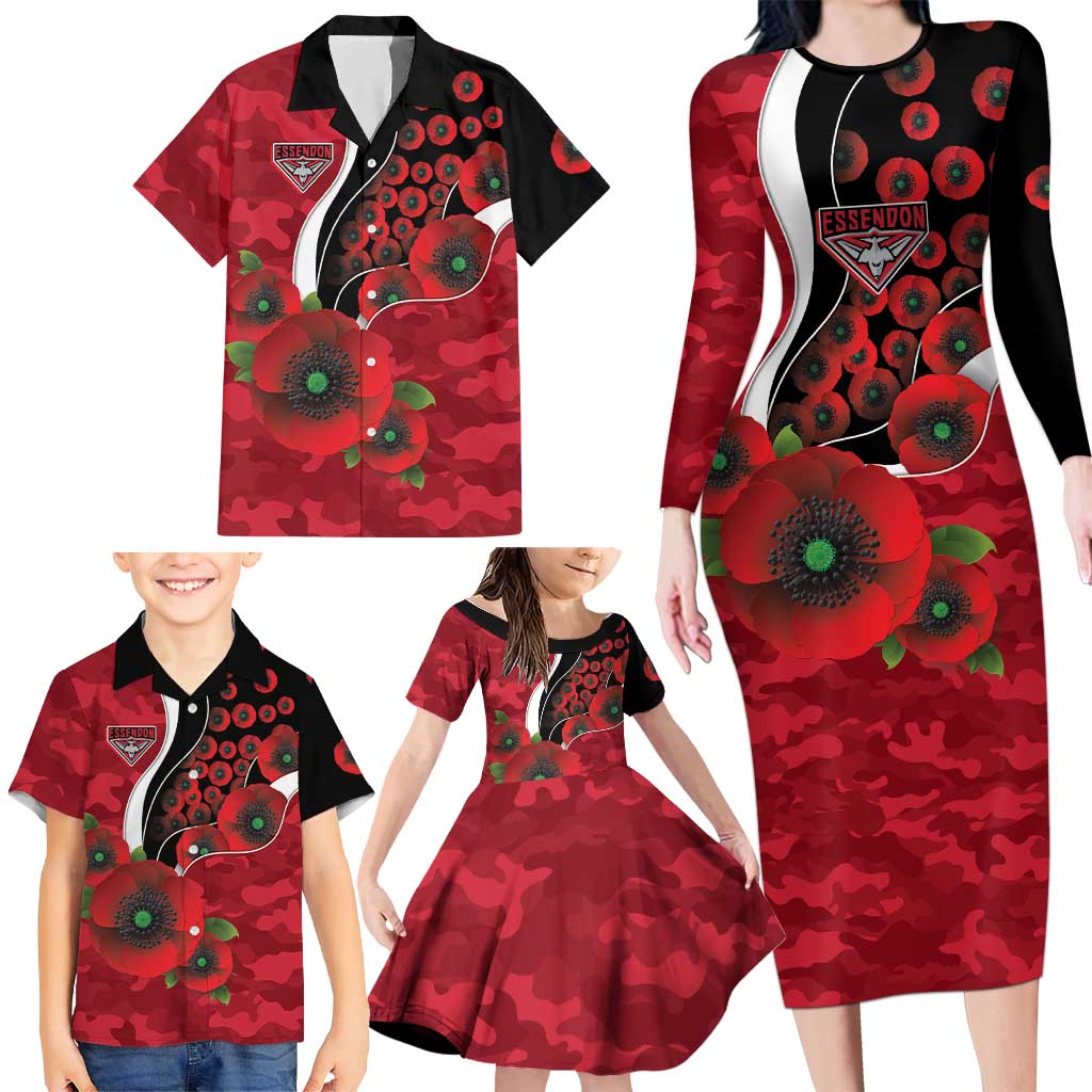 Essendon Bombers ANZAC Personalised Family Matching Long Sleeve Bodycon Dress and Hawaiian Shirt Lest We Forget Poppy Camo