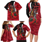 Essendon Bombers ANZAC Personalised Family Matching Long Sleeve Bodycon Dress and Hawaiian Shirt Lest We Forget Poppy Camo