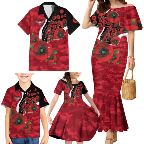 Essendon Bombers ANZAC Personalised Family Matching Mermaid Dress and Hawaiian Shirt Lest We Forget Poppy Camo