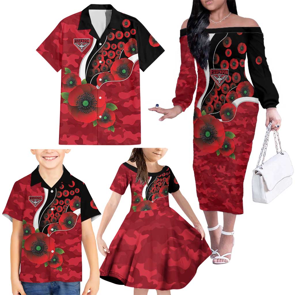 Essendon Bombers ANZAC Personalised Family Matching Off The Shoulder Long Sleeve Dress and Hawaiian Shirt Lest We Forget Poppy Camo
