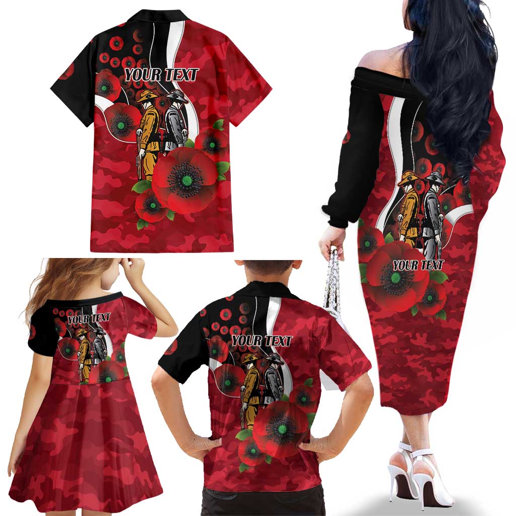 Essendon Bombers ANZAC Personalised Family Matching Off The Shoulder Long Sleeve Dress and Hawaiian Shirt Lest We Forget Poppy Camo