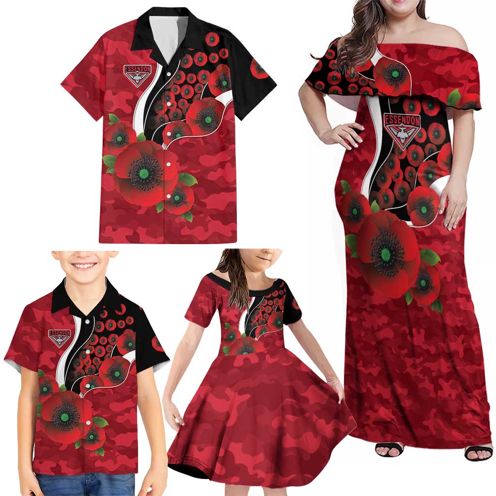 Essendon Bombers ANZAC Personalised Family Matching Off Shoulder Maxi Dress and Hawaiian Shirt Lest We Forget Poppy Camo