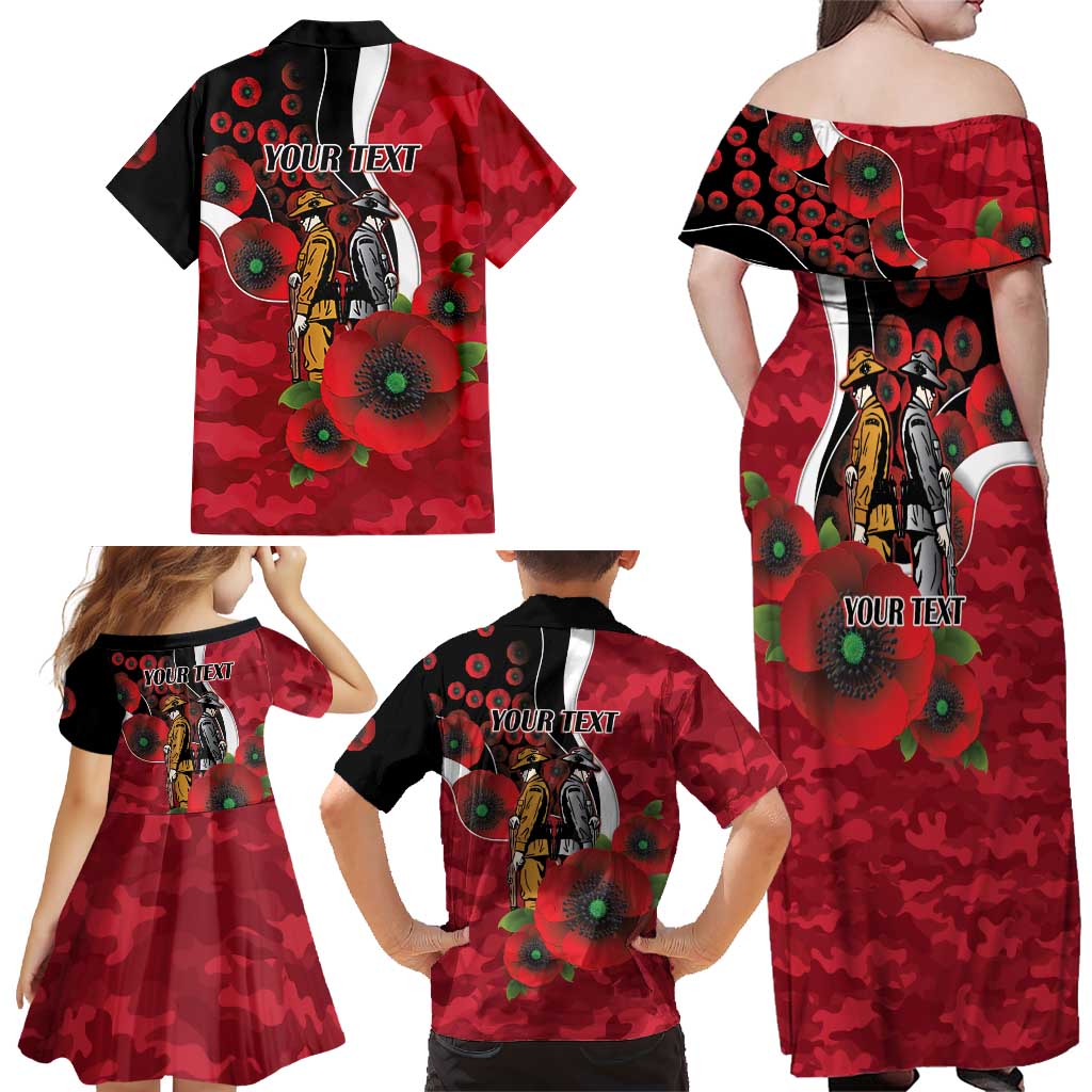 Essendon Bombers ANZAC Personalised Family Matching Off Shoulder Maxi Dress and Hawaiian Shirt Lest We Forget Poppy Camo