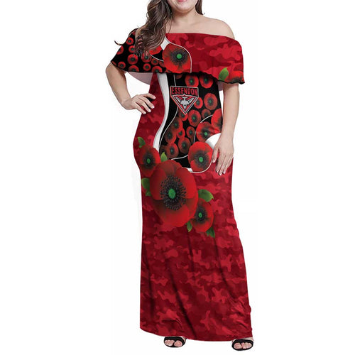 Essendon Bombers ANZAC Personalised Family Matching Off Shoulder Maxi Dress and Hawaiian Shirt Lest We Forget Poppy Camo