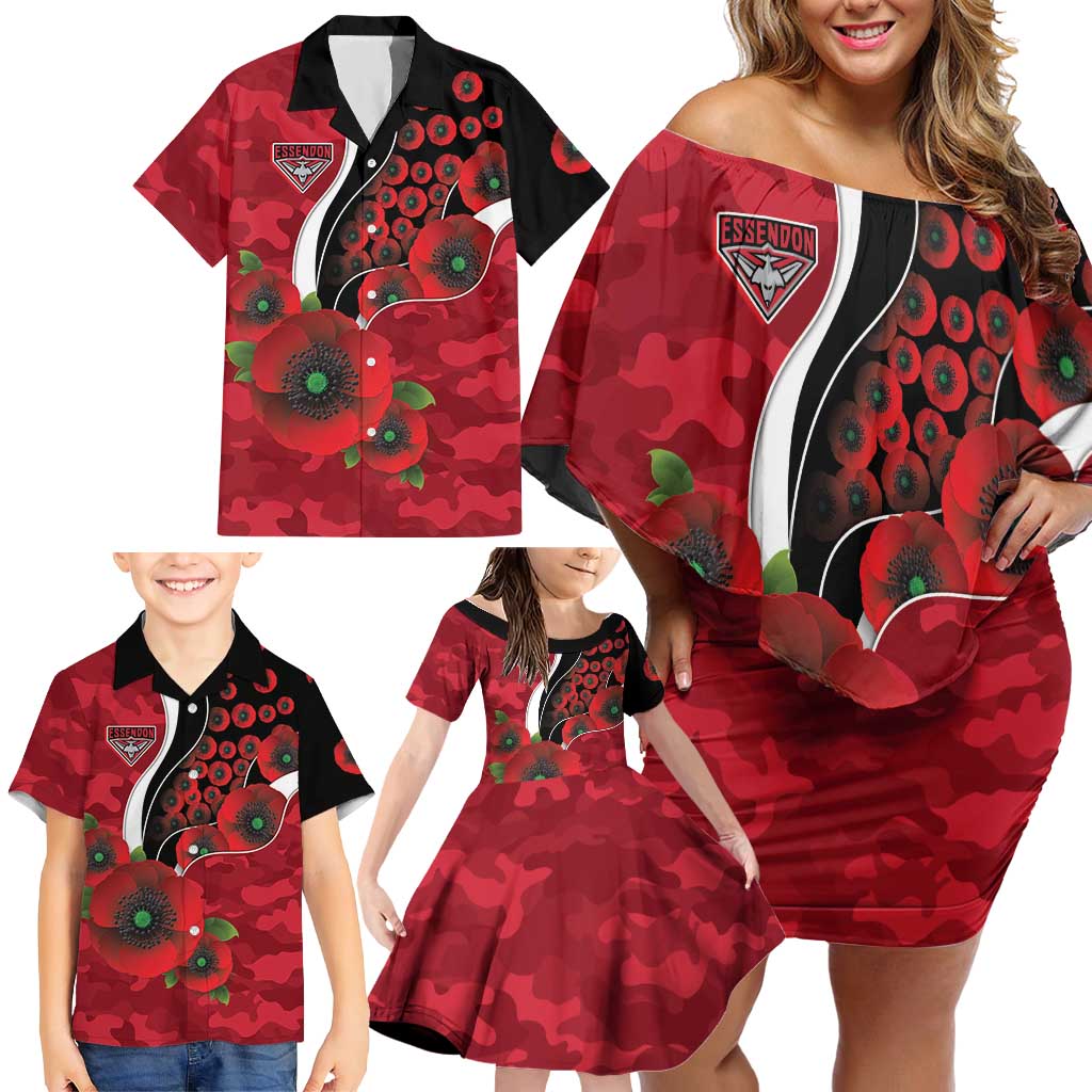 Essendon Bombers ANZAC Personalised Family Matching Off Shoulder Short Dress and Hawaiian Shirt Lest We Forget Poppy Camo