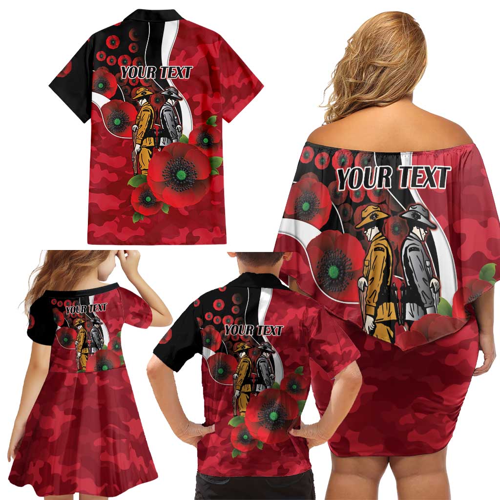 Essendon Bombers ANZAC Personalised Family Matching Off Shoulder Short Dress and Hawaiian Shirt Lest We Forget Poppy Camo