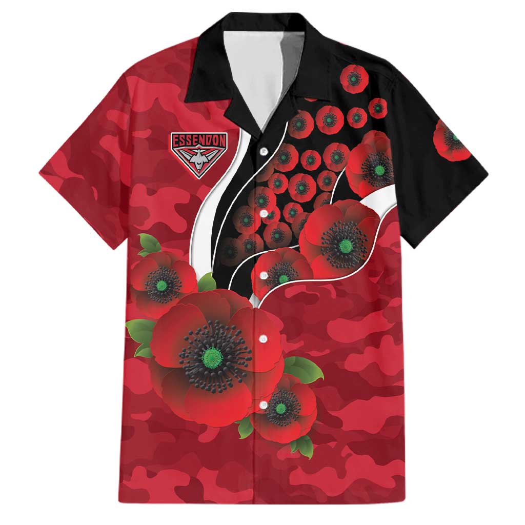 Essendon Bombers ANZAC Personalised Family Matching Off Shoulder Short Dress and Hawaiian Shirt Lest We Forget Poppy Camo