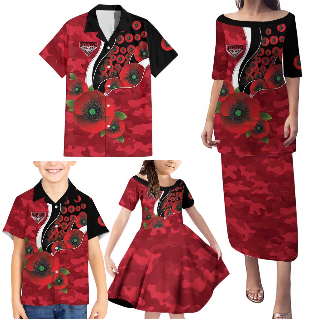 Essendon Bombers ANZAC Personalised Family Matching Puletasi and Hawaiian Shirt Lest We Forget Poppy Camo