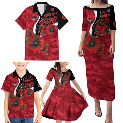 Essendon Bombers ANZAC Personalised Family Matching Puletasi and Hawaiian Shirt Lest We Forget Poppy Camo
