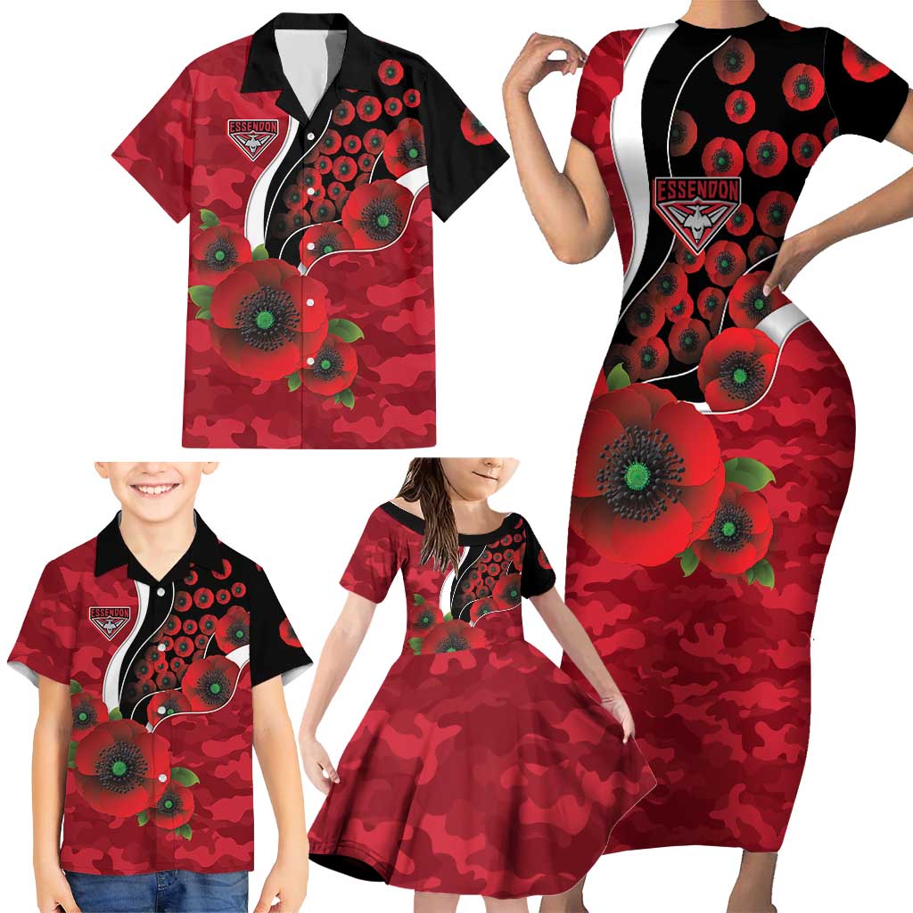 Essendon Bombers ANZAC Personalised Family Matching Short Sleeve Bodycon Dress and Hawaiian Shirt Lest We Forget Poppy Camo
