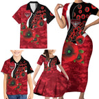 Essendon Bombers ANZAC Personalised Family Matching Short Sleeve Bodycon Dress and Hawaiian Shirt Lest We Forget Poppy Camo