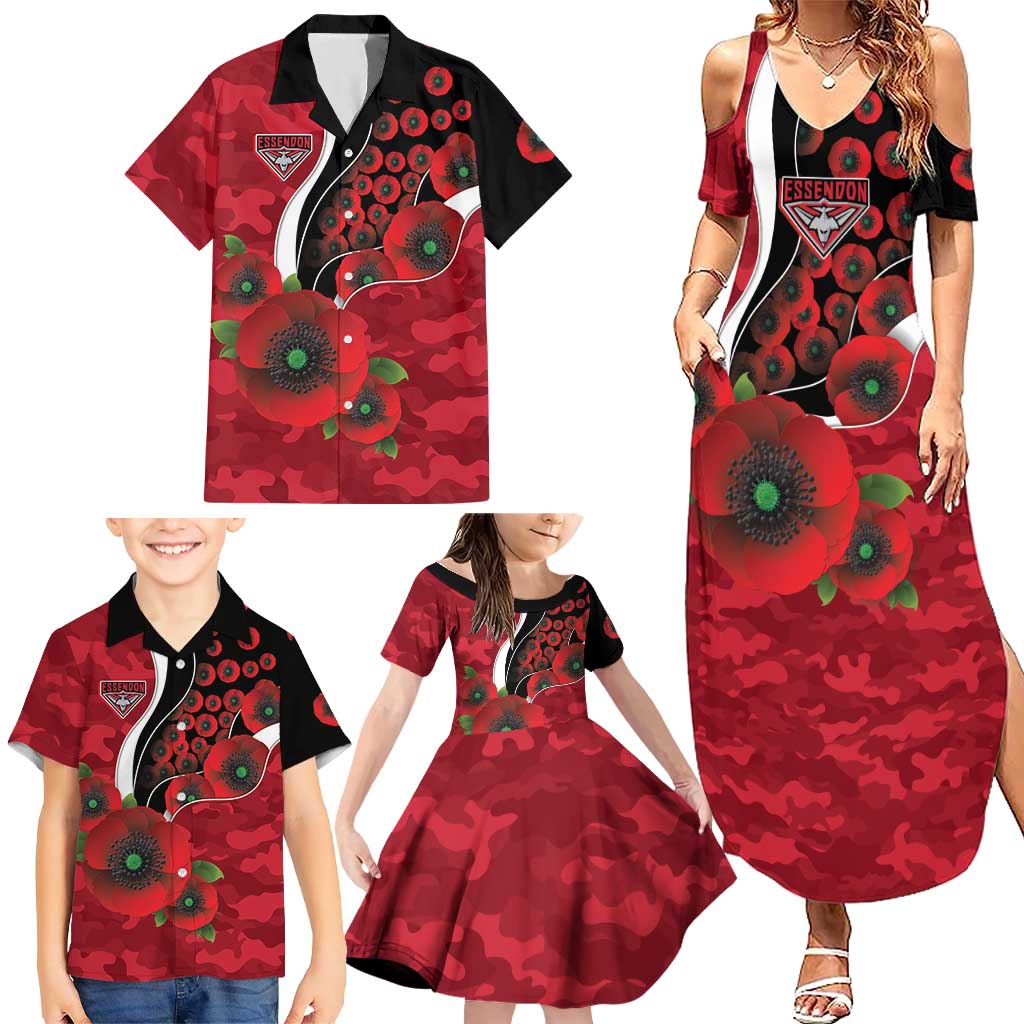 Essendon Bombers ANZAC Personalised Family Matching Summer Maxi Dress and Hawaiian Shirt Lest We Forget Poppy Camo