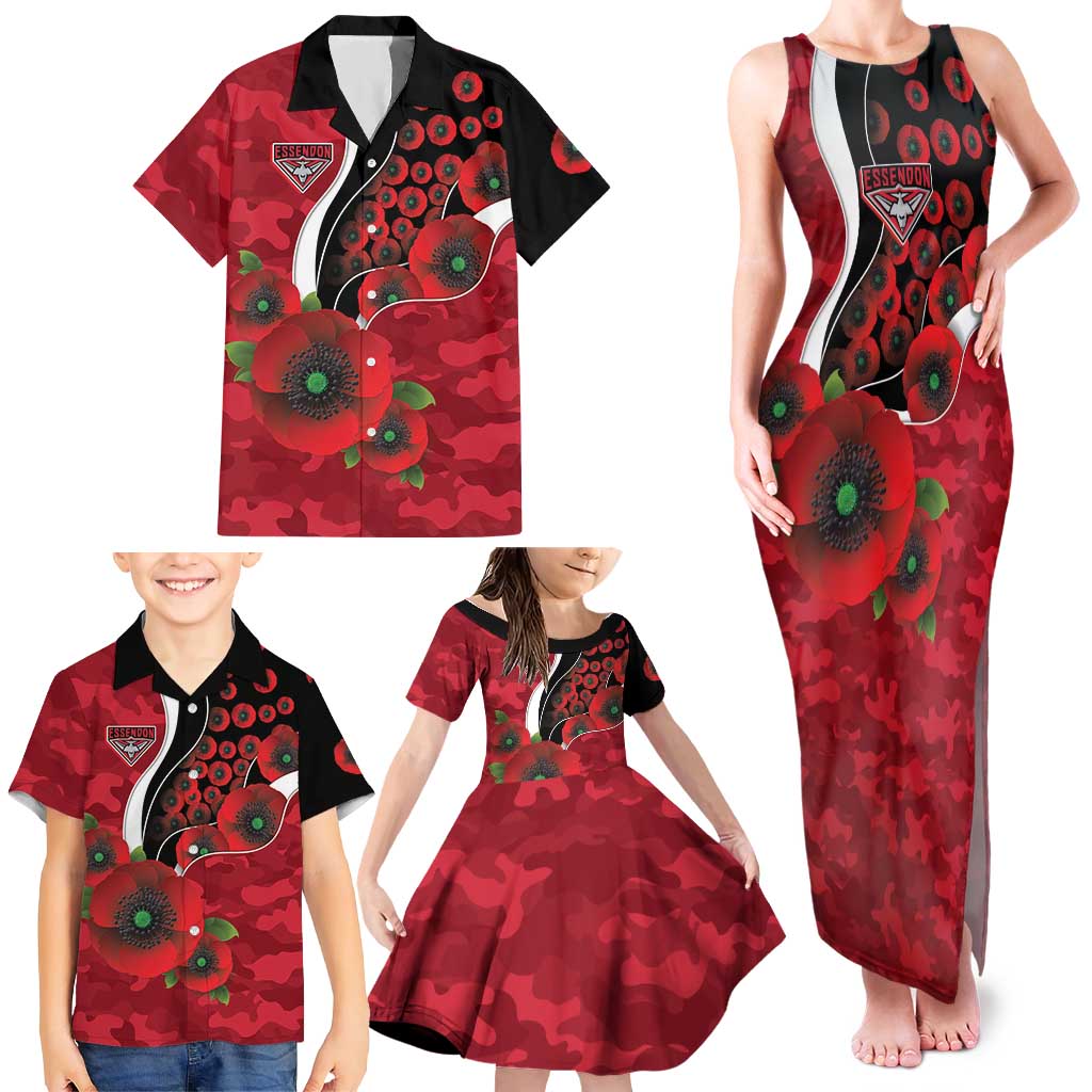 Essendon Bombers ANZAC Personalised Family Matching Tank Maxi Dress and Hawaiian Shirt Lest We Forget Poppy Camo