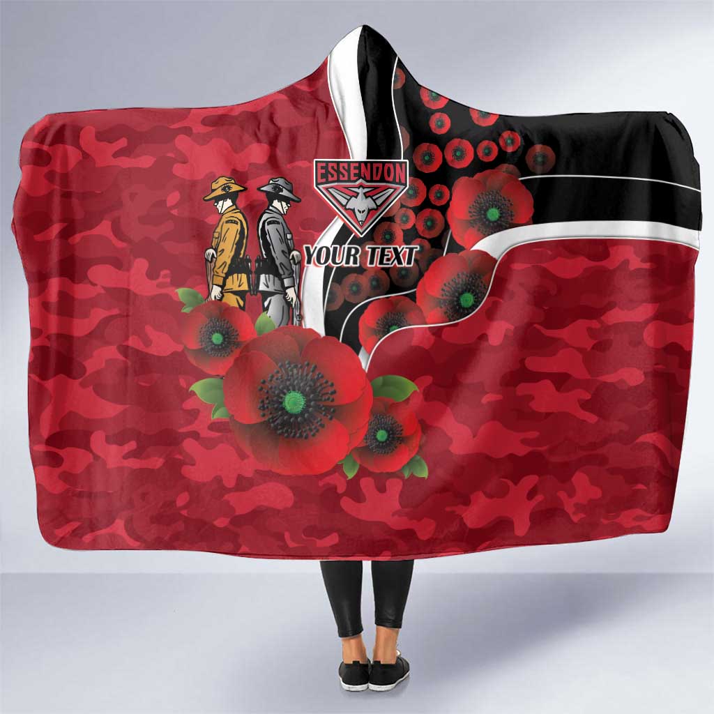 Essendon Bombers ANZAC Personalised Hooded Blanket Lest We Forget Poppy Camo