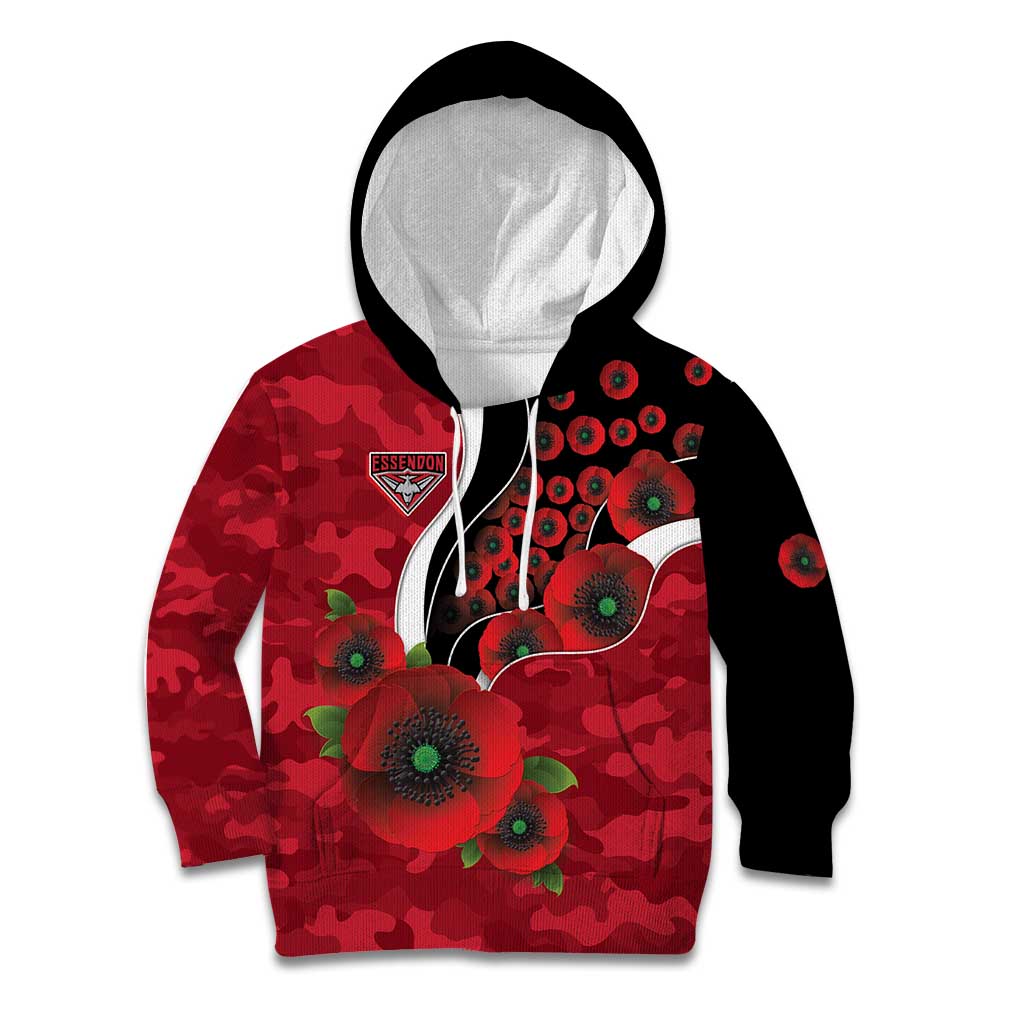 Essendon Bombers ANZAC Personalised Kid Hoodie Lest We Forget Poppy Camo