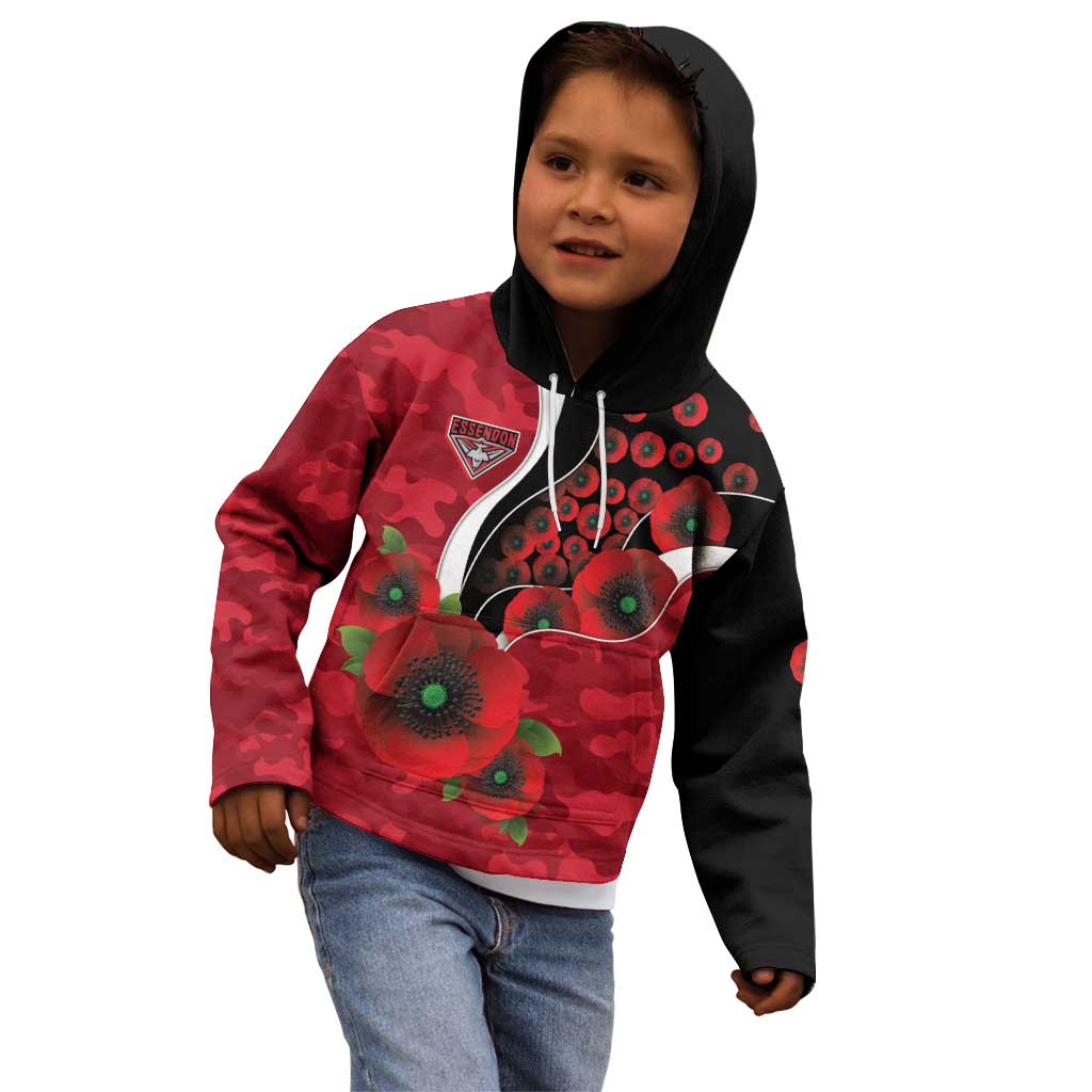 Essendon Bombers ANZAC Personalised Kid Hoodie Lest We Forget Poppy Camo
