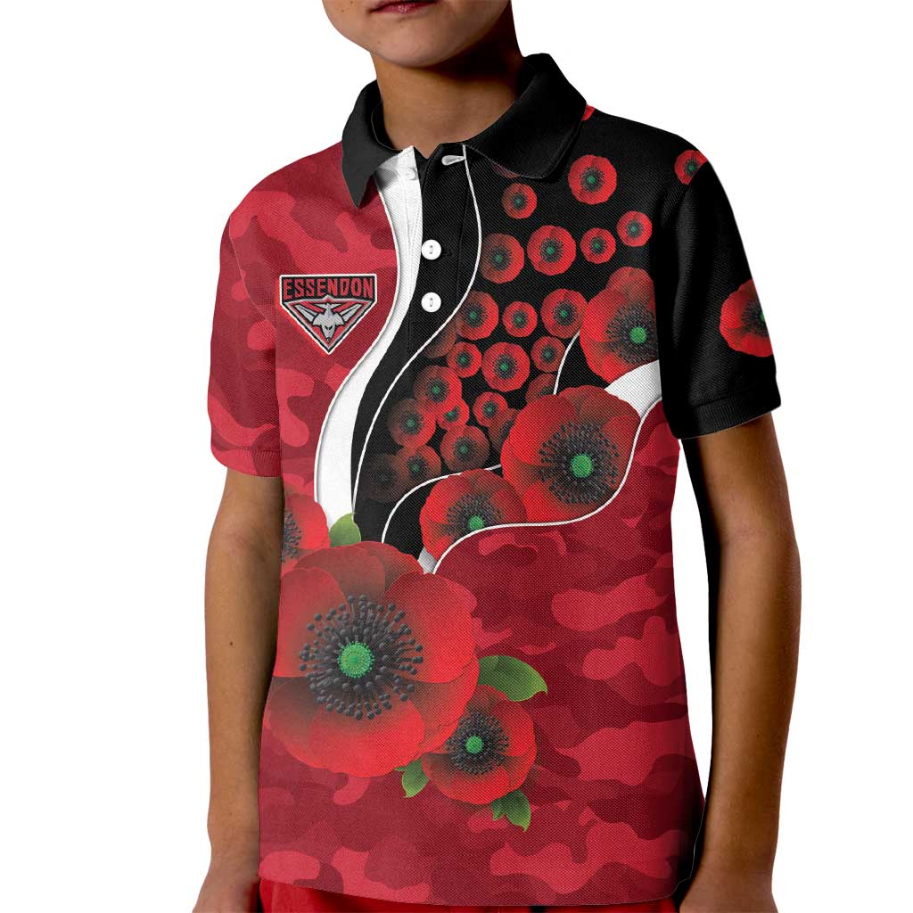 Essendon Bombers ANZAC Personalised Kid Polo Shirt Lest We Forget Poppy Camo