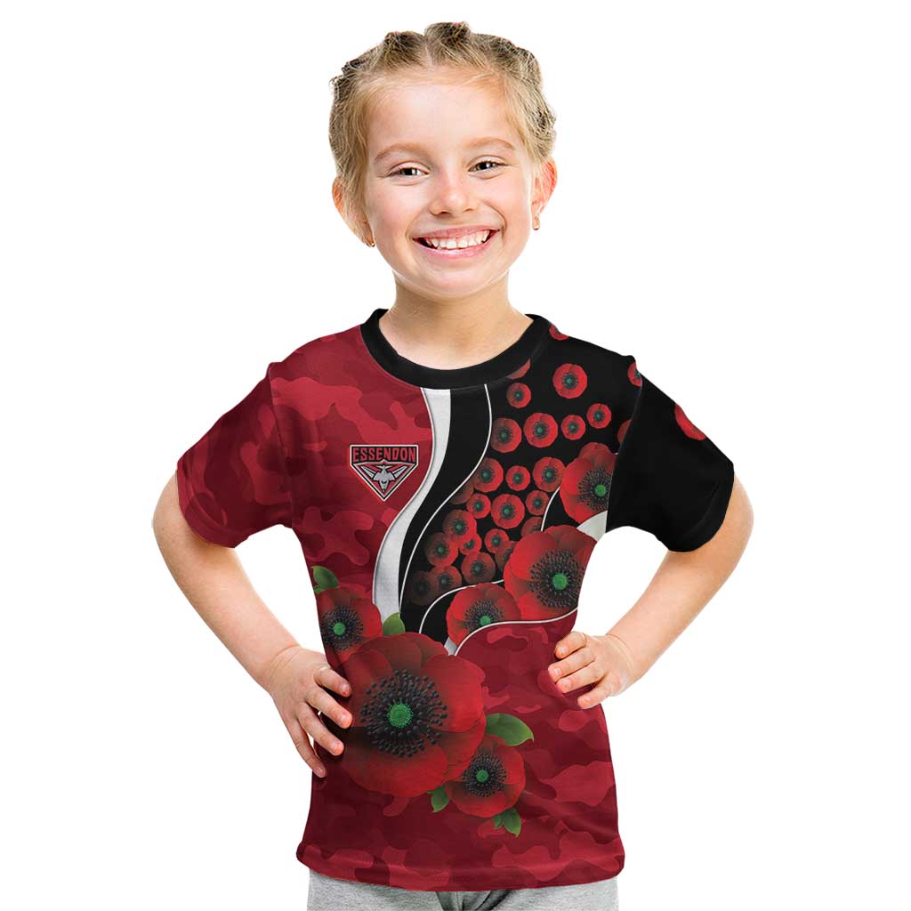 Essendon Bombers ANZAC Personalised Kid T Shirt Lest We Forget Poppy Camo