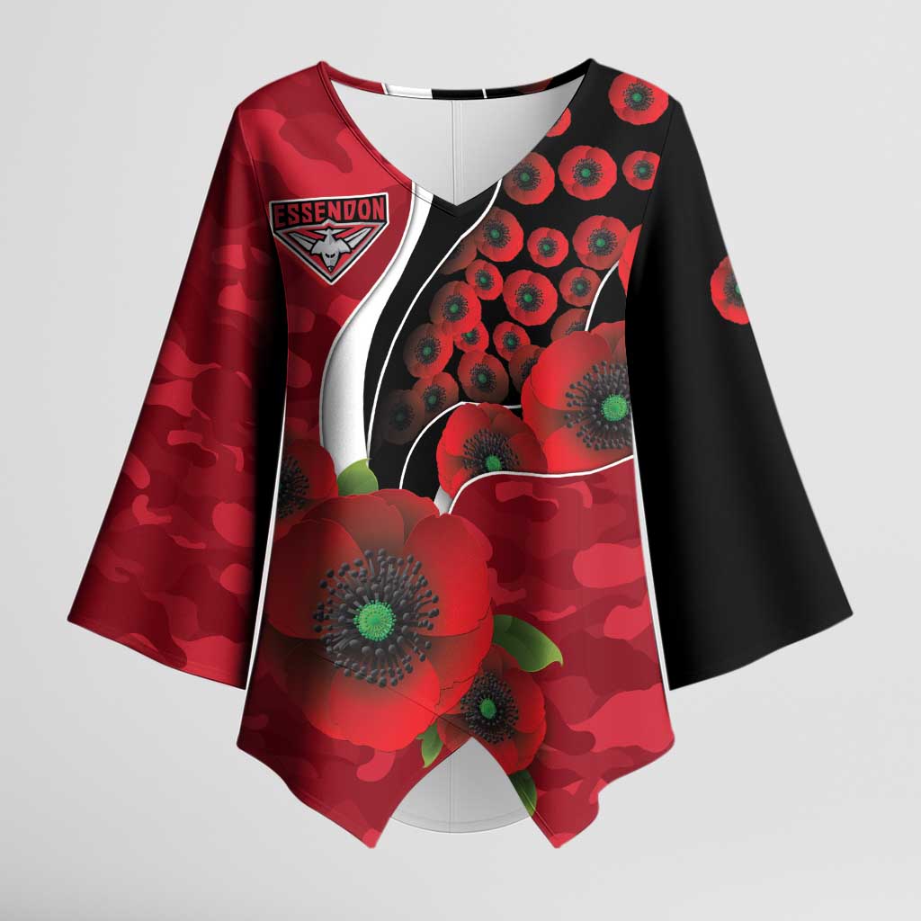 Essendon Bombers ANZAC Personalised Kimono Sleeve Blouse Lest We Forget Poppy Camo