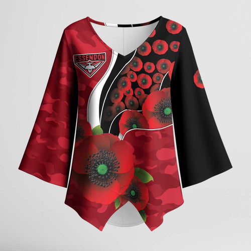 Essendon Bombers ANZAC Personalised Kimono Sleeve Blouse Lest We Forget Poppy Camo