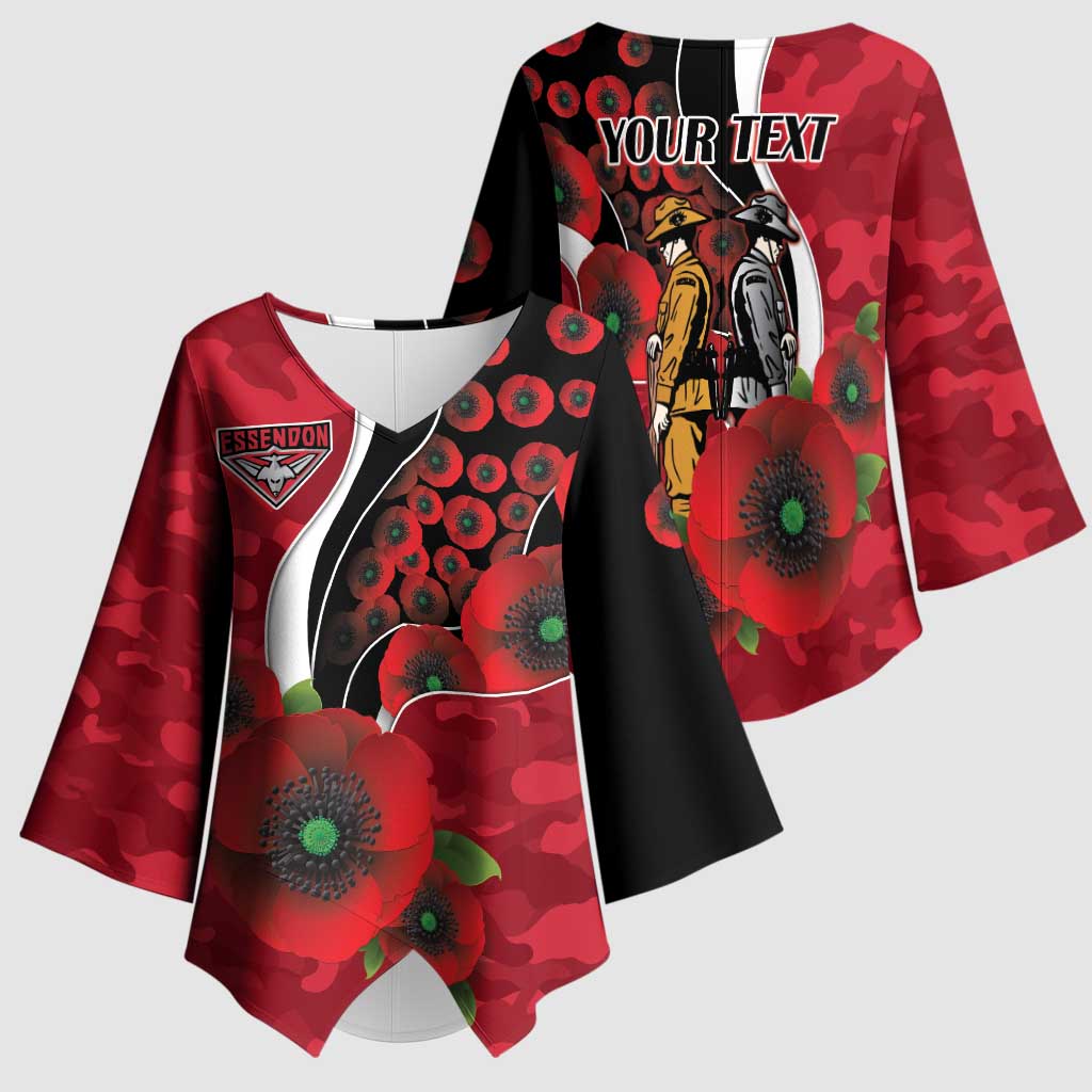 Essendon Bombers ANZAC Personalised Kimono Sleeve Blouse Lest We Forget Poppy Camo