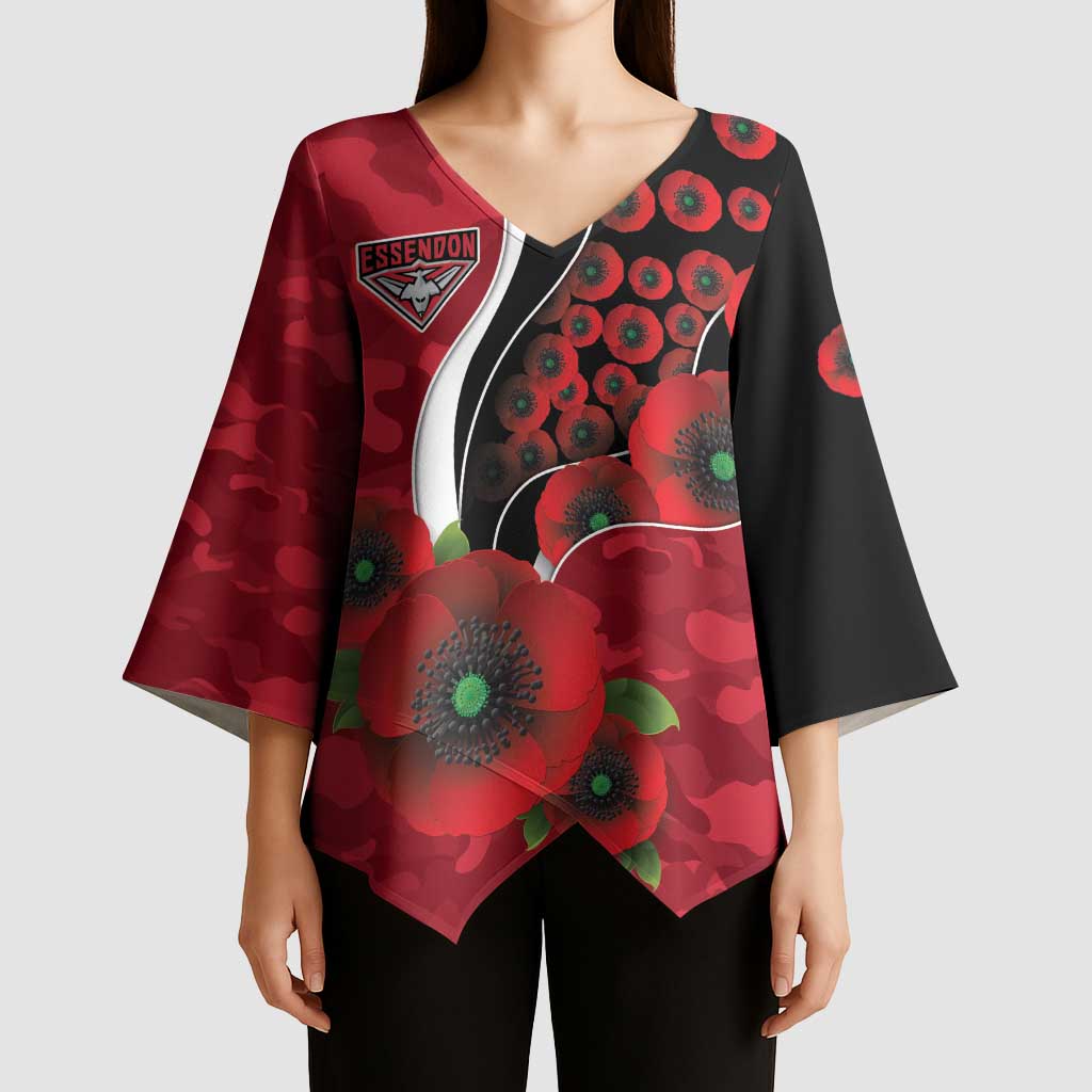 Essendon Bombers ANZAC Personalised Kimono Sleeve Blouse Lest We Forget Poppy Camo