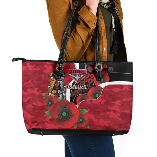 Essendon Bombers ANZAC Personalised Leather Tote Bag Lest We Forget Poppy Camo