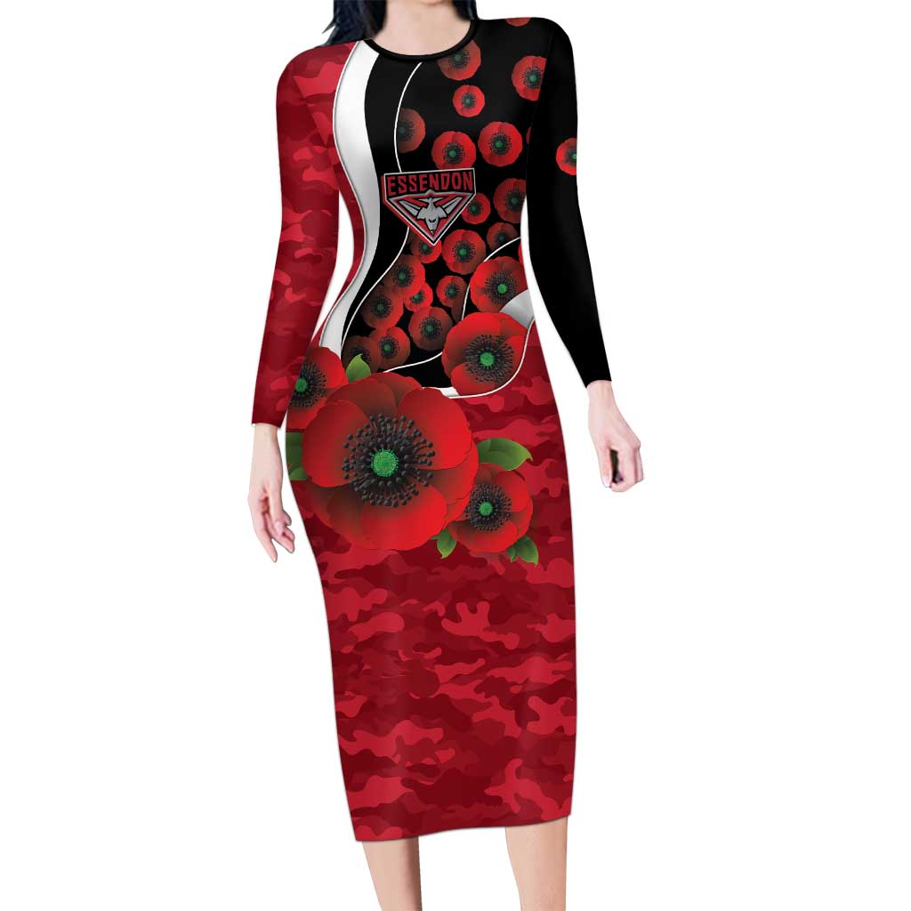 Essendon Bombers ANZAC Personalised Long Sleeve Bodycon Dress Lest We Forget Poppy Camo