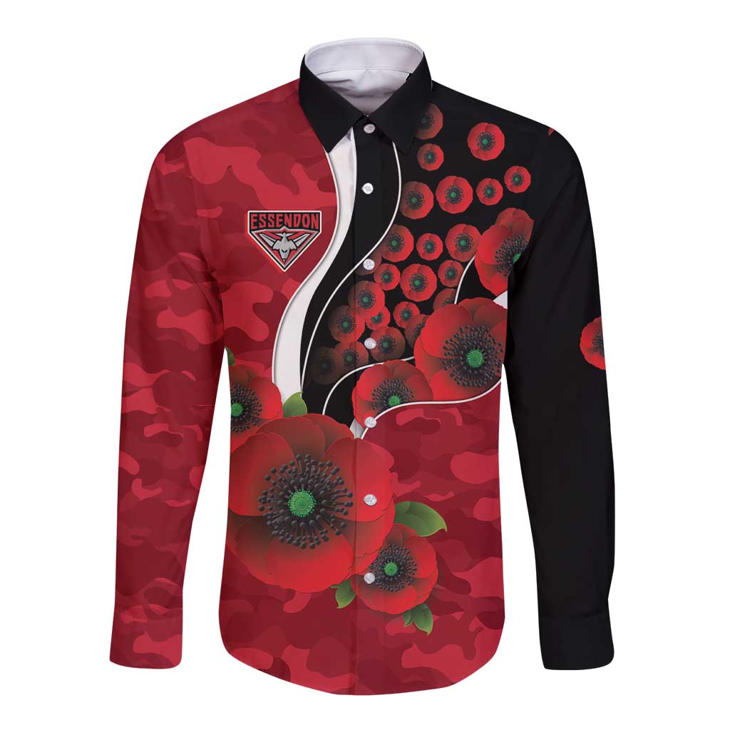 Essendon Bombers ANZAC Personalised Long Sleeve Button Shirt Lest We Forget Poppy Camo