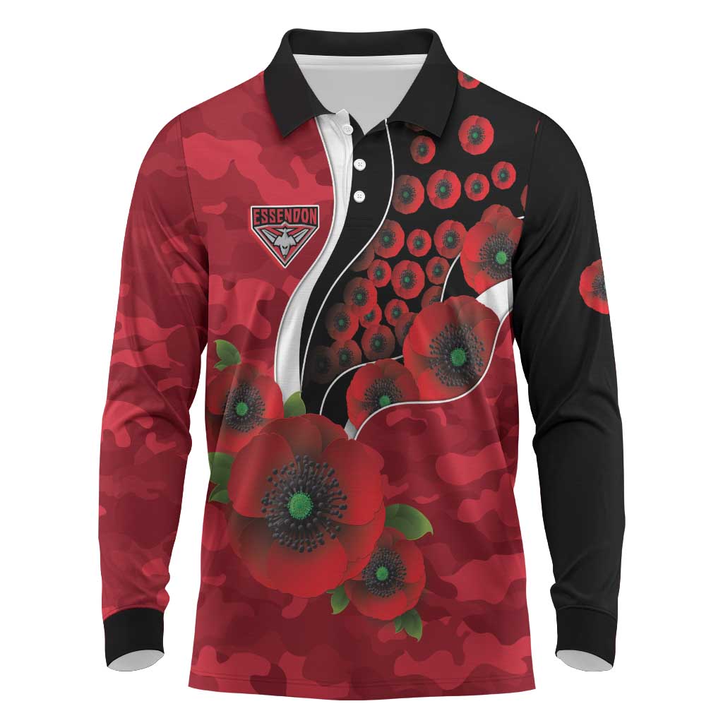 Essendon Bombers ANZAC Personalised Long Sleeve Polo Shirt Lest We Forget Poppy Camo