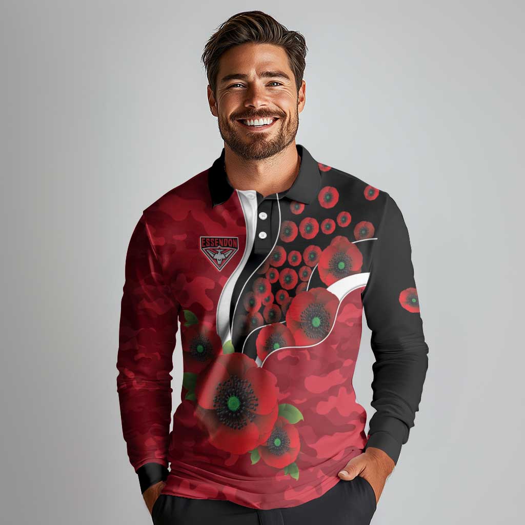 Essendon Bombers ANZAC Personalised Long Sleeve Polo Shirt Lest We Forget Poppy Camo