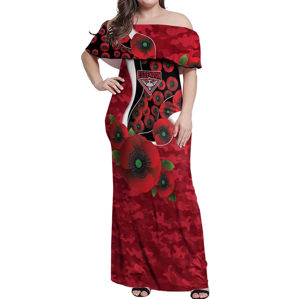 Essendon Bombers ANZAC Personalised Off Shoulder Maxi Dress Lest We Forget Poppy Camo