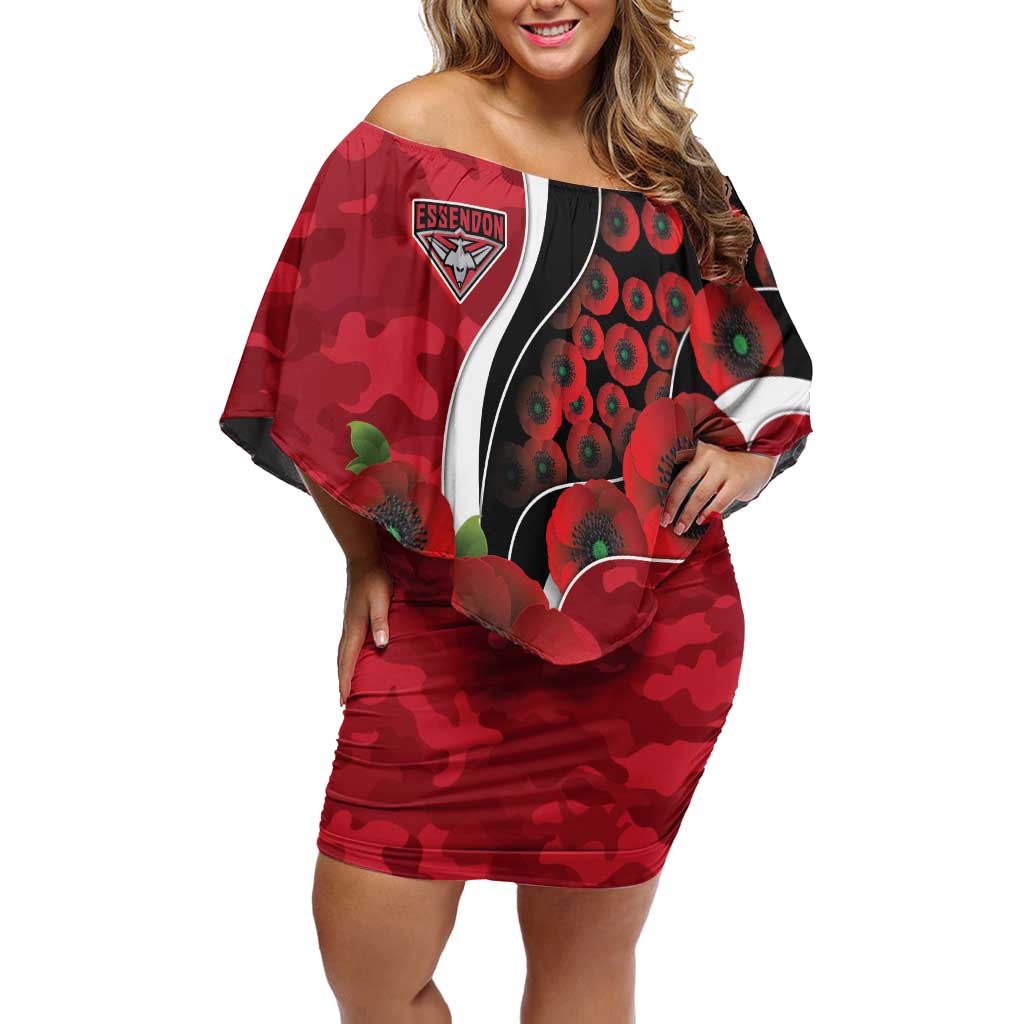 Essendon Bombers ANZAC Personalised Off Shoulder Short Dress Lest We Forget Poppy Camo