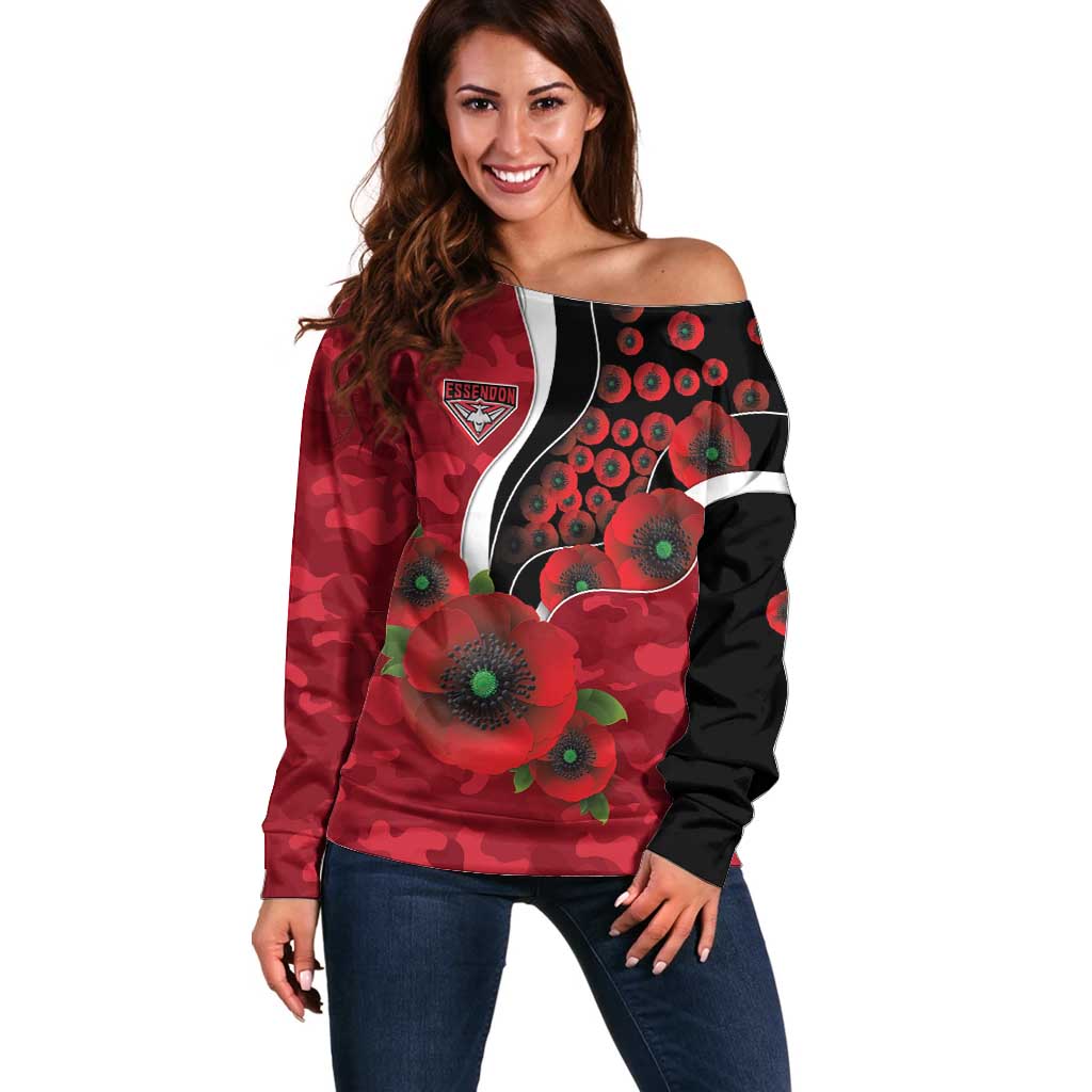 Essendon Bombers ANZAC Personalised Off Shoulder Sweater Lest We Forget Poppy Camo