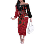 Essendon Bombers ANZAC Personalised Off The Shoulder Long Sleeve Dress Lest We Forget Poppy Camo
