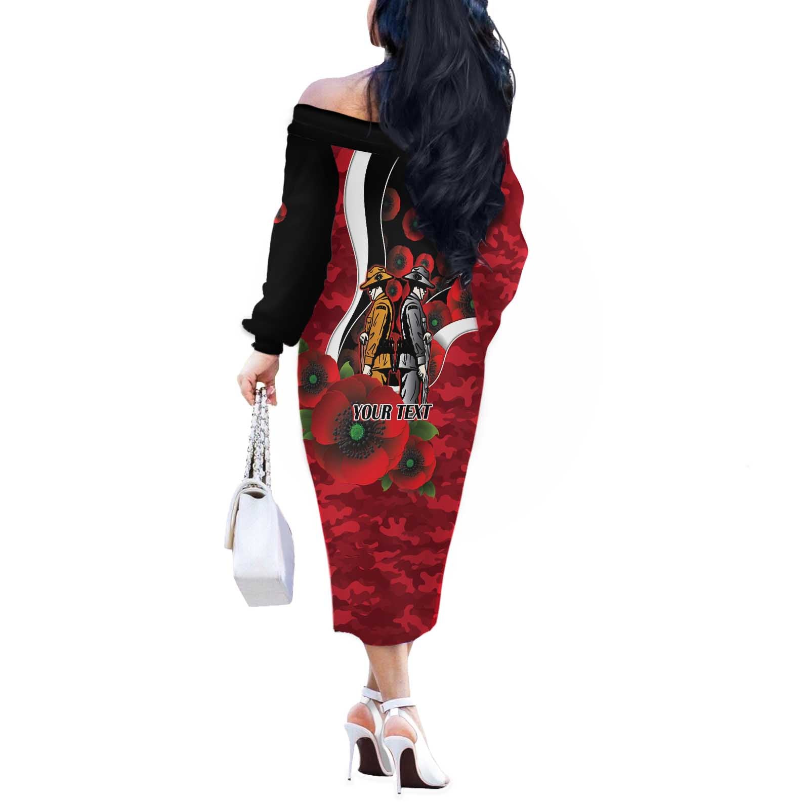 Essendon Bombers ANZAC Personalised Off The Shoulder Long Sleeve Dress Lest We Forget Poppy Camo